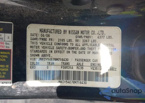 2006 Infiniti G35 из США, поврежденный, VIN JNKCV54E76M716430